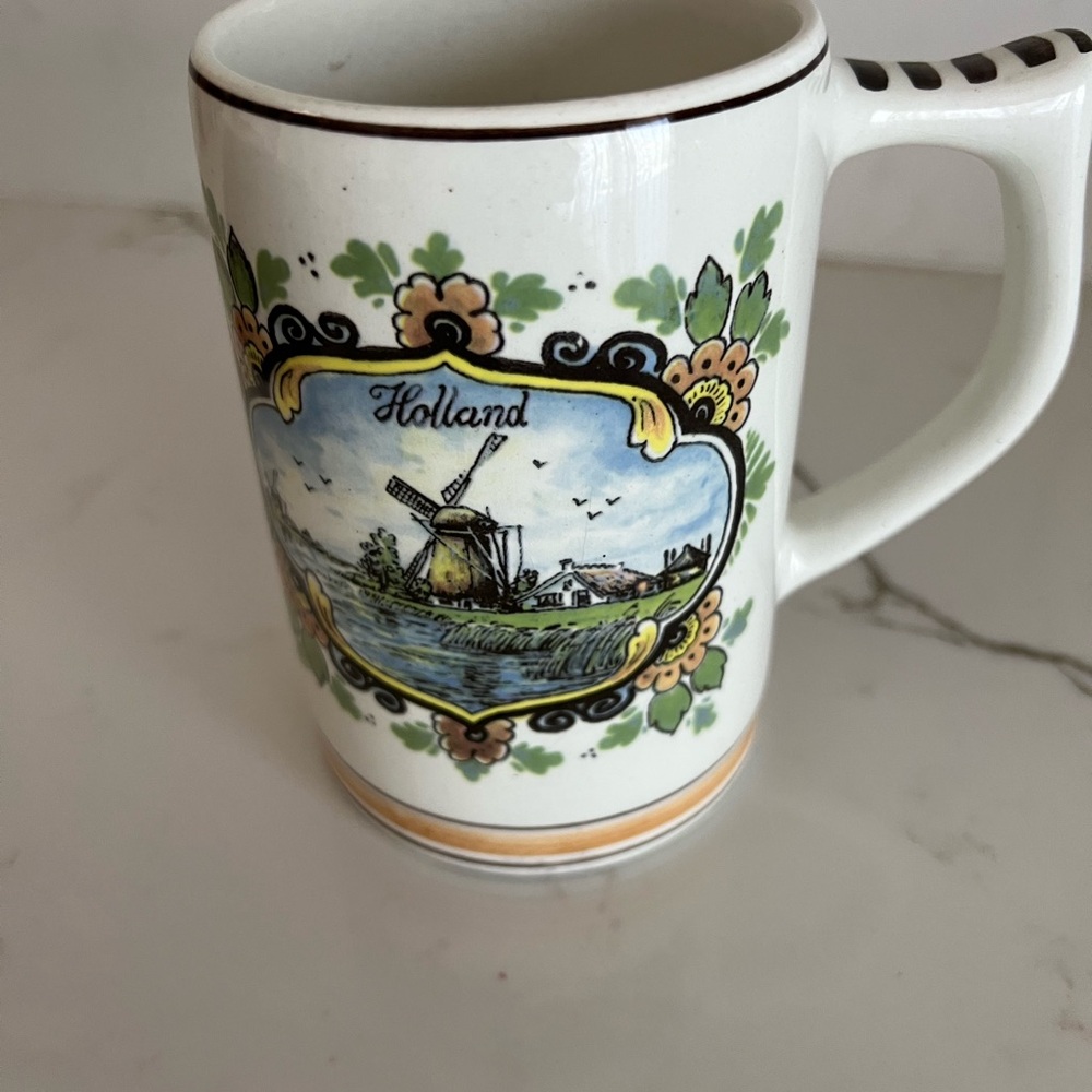 Holland Ceramic Souvenir Mug - White with Green and Yellow Accents